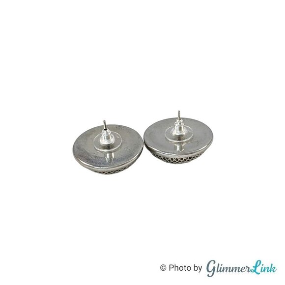 Geometric Silver Tone Round Mesh Windscreen Button Dome Post Earrings - Picture 6 of 8
